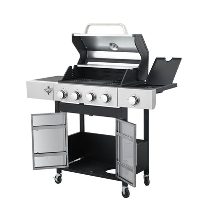 4-Burner Propane Gas Grill with Side Burner, Gas BBQ Grill with Thermometer, Bottle Opener, and Tool Hooks, 46,790 BTU Output, Combining a Grilling Grate With a Griddle Tray
