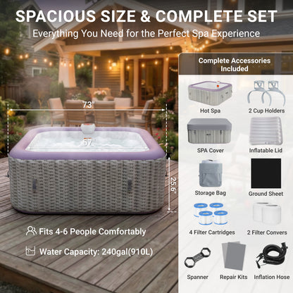 Segmart Inflatable Hot Tub for 4-6 People, Portable Outdoor Spa w/Built-in Pump, Home Spa Tub w/ 130 Bubble Jets, Heating & Filtration System, Includes Cover, Ground Mat & 2 Cup Holders