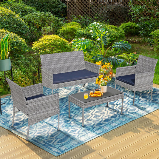 Rattan Patio Conversation Set, 4 Pieces Outdoor Sectional Sofa Set with Table, Gray Thick Cushioned Patio Furniture Set Loveseat Armchairs, Per Seat Max Weight 300LBS