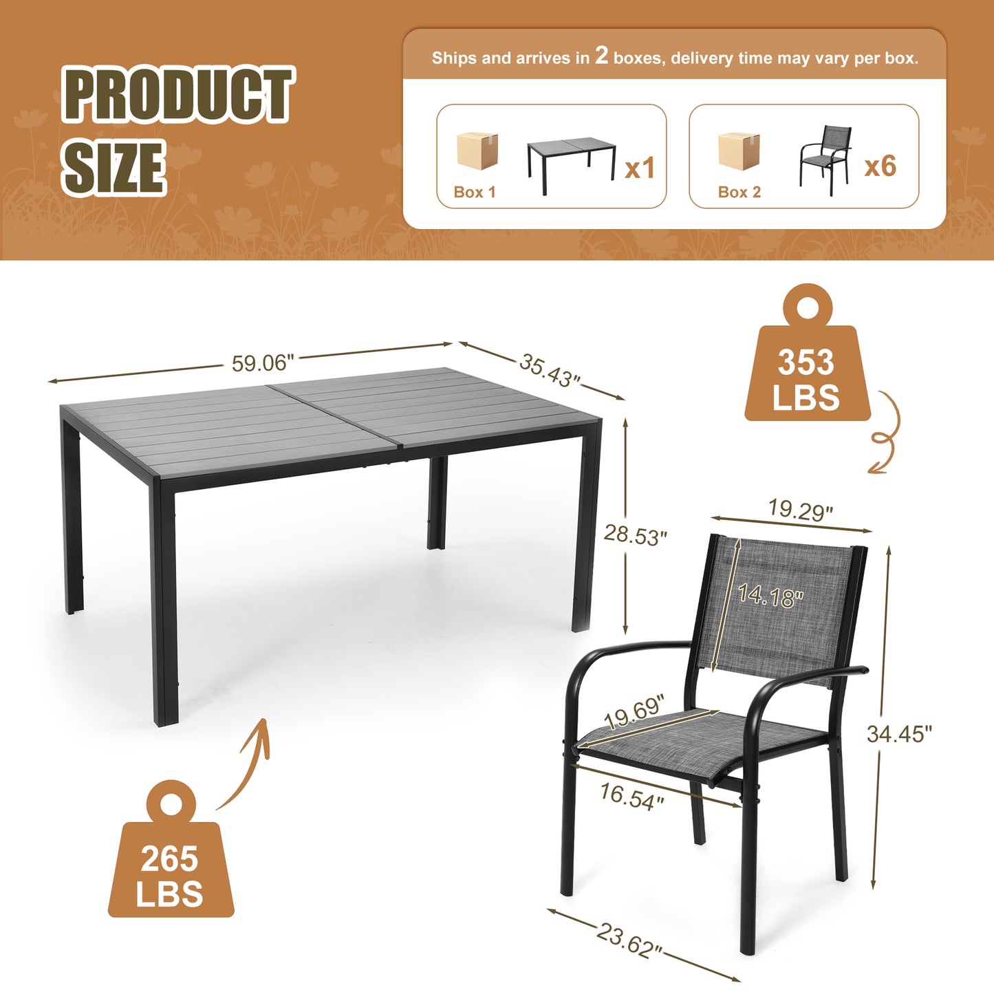 Patio Dining Set, 7PCS Outdoor Plastic-Wood Table & Textilene Chairs Set, Outdoor Furniture Dining Table Set, Garden Porch Backyard Poolside Sectional Conversation Set