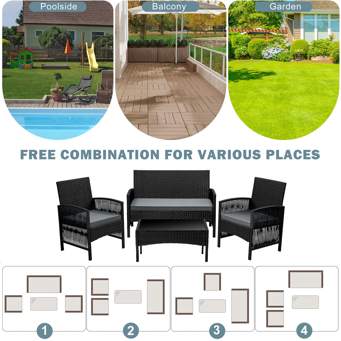 Clearance Patio Furniture Set, Segmart 4 Pieces Rattan Sofa Set Cushioned Sofa & Charis, Deck Porch Poolside Furniture Conversation Set for 4, Gray