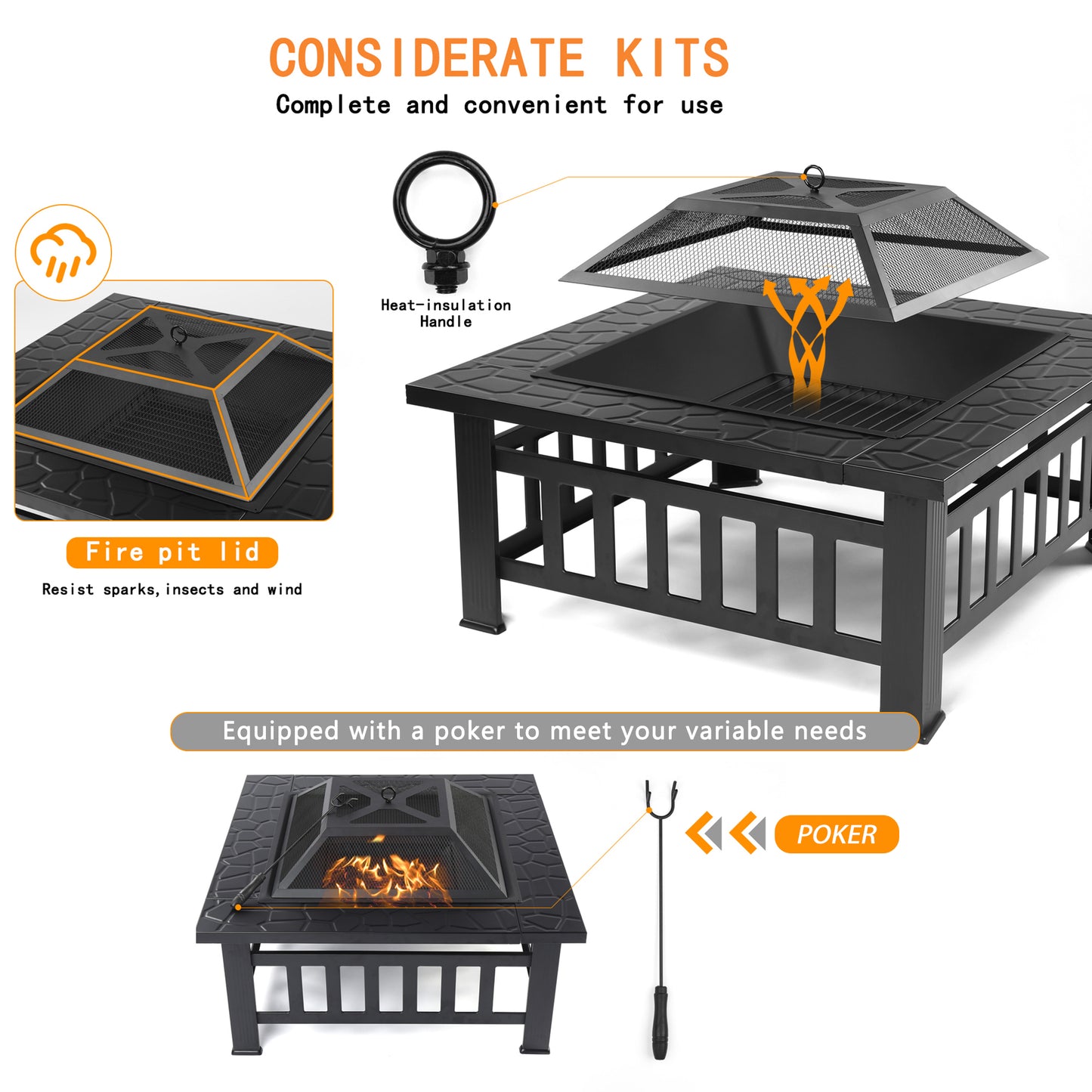 SEGMART Outdoor Fire Pit, 32" Square Metal Fire Pit Table with Spark Screen & Log Poker, Stove Wood Burning Fire Pit Bowl, Ideal for Yard Patio Beach Picnic Bonfire