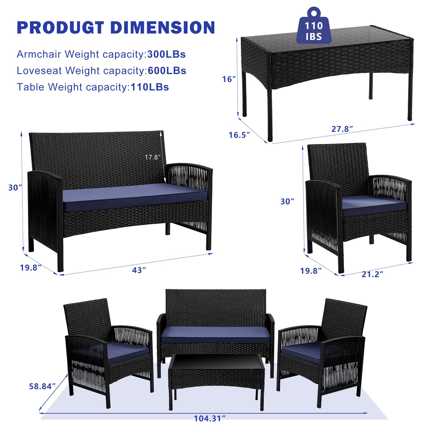 Patio Furniture Set on Sale, 4 Pieces Outdoor Rattan Conversation Sofa Set, All-Weather Wicker Patio Sets, Cushioned Sofa and Coffee Table for Garden Deck Courtyard, Nevy