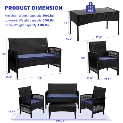 Patio Furniture Set on Sale, 4 Pieces Outdoor Rattan Conversation Sofa Set, All-Weather Wicker Patio Sets, Cushioned Sofa and Coffee Table for Garden Deck Courtyard, Nevy