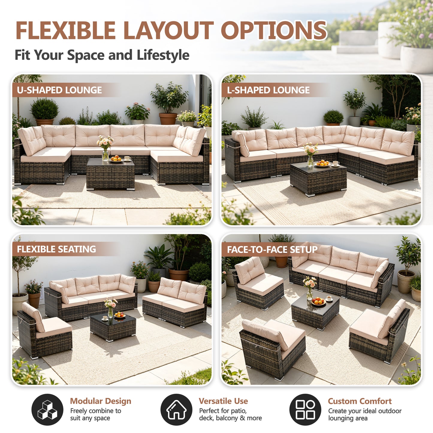Patio Outdoor Furniture Sets, 7 Pieces All-Weather Rattan Sectional Sofa with Tea Table & Cushions, PE Rattan Wicker Sofa Couch Conversation Set for Garden Backyard Poolside
