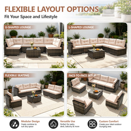 Patio Outdoor Furniture Sets, 7 Pieces All-Weather Rattan Sectional Sofa with Tea Table & Cushions, PE Rattan Wicker Sofa Couch Conversation Set for Garden Backyard Poolside