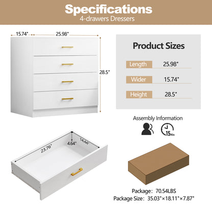 White 4-Drawer Wood Dressers for Bedroom