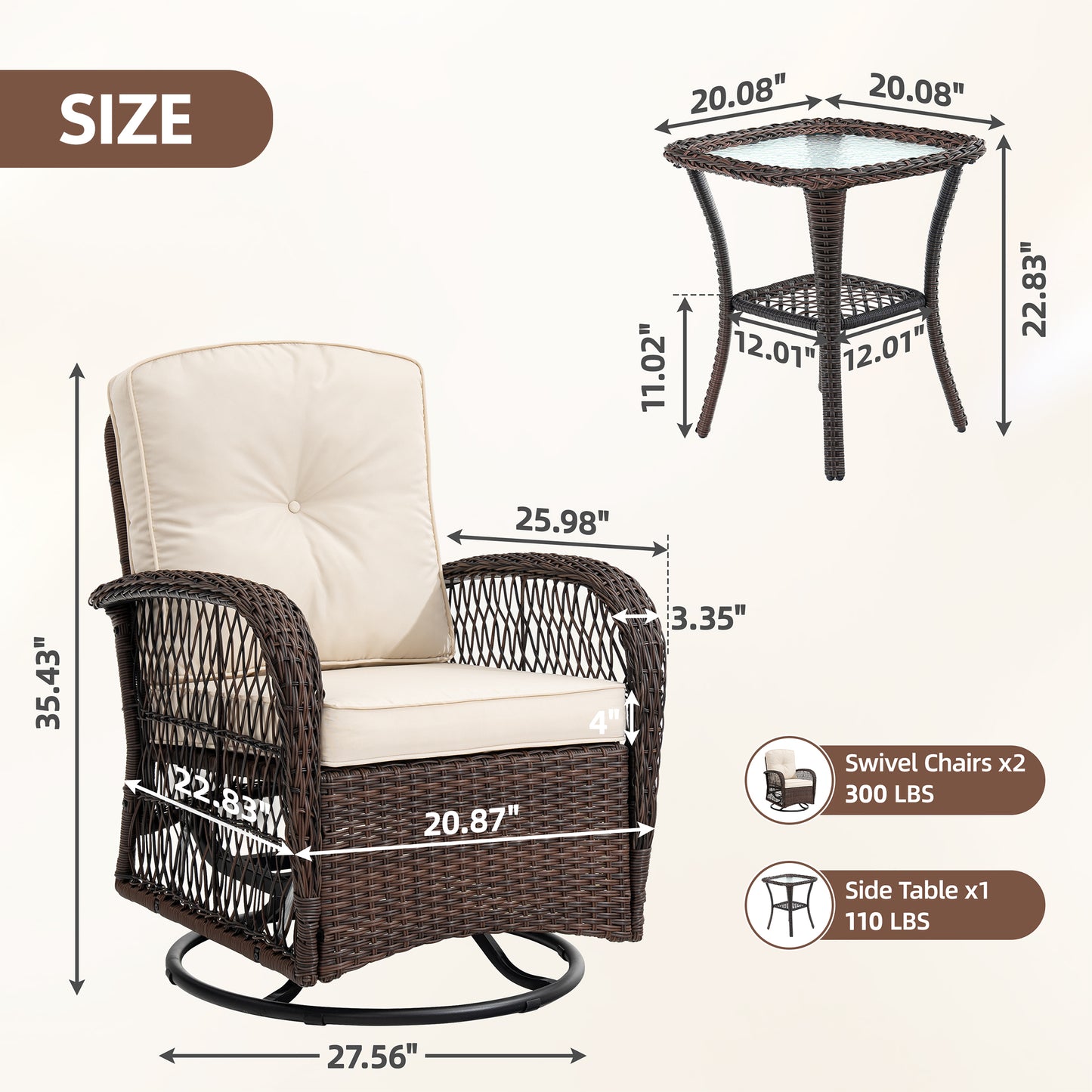 Patio Table and Chairs Set, Segmart 3pcs Rattan Patio Conversation Set with Swivel Rocking Chairs, Coffee Table, Porch Deck Balcony Furniture for Outdoor, with Beige Cushions