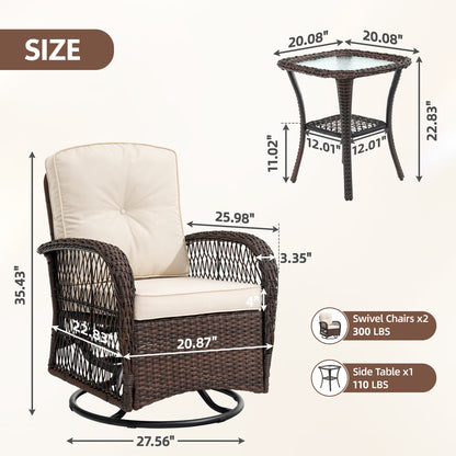 Patio Table and Chairs Set, Segmart 3pcs Rattan Patio Conversation Set with Swivel Rocking Chairs, Coffee Table, Porch Deck Balcony Furniture for Outdoor, with Beige Cushions