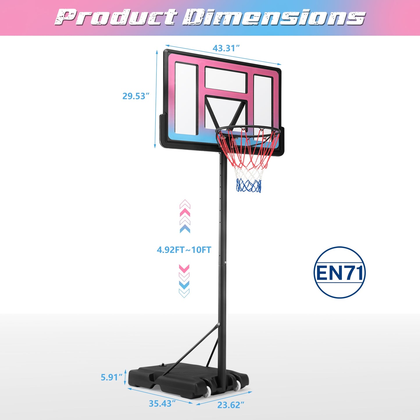 44 inch Outdoor Basketball Hoop Stand for Adults, SEGMART 4.9FT-10FT Height Adjustable Portable