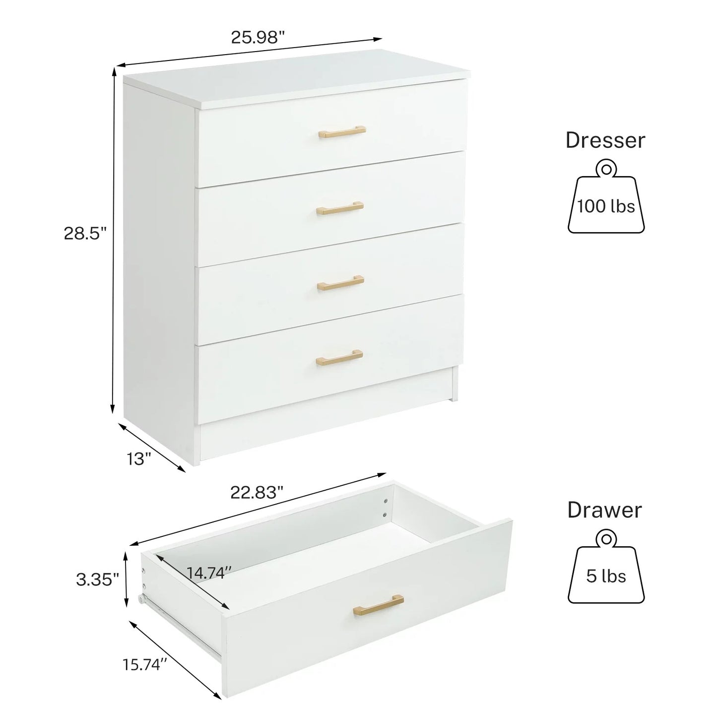 White 4-Drawer Wood Dressers for Bedroom