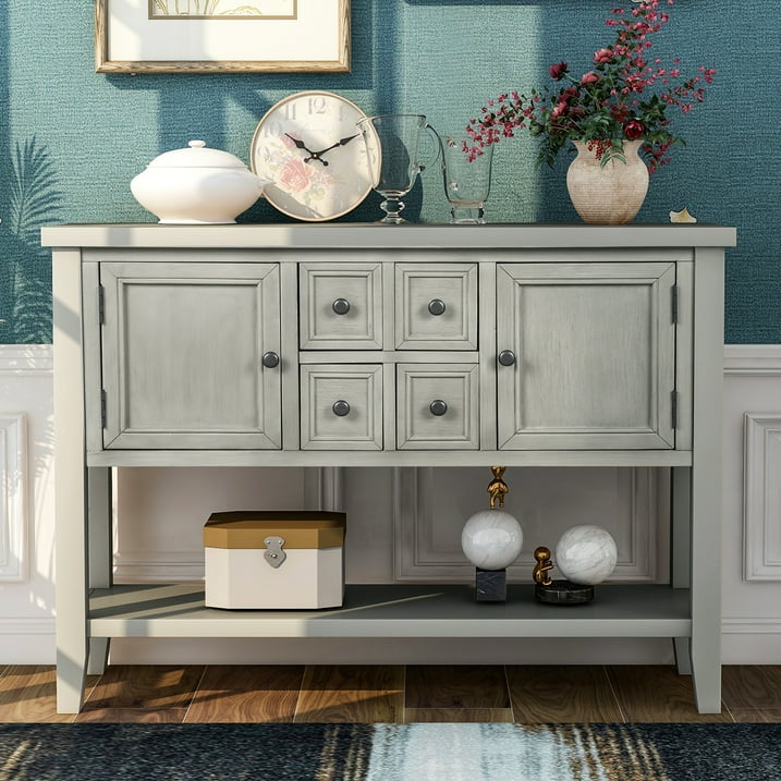 Console Table with 4 Storage Drawers,Storage Vintage Wood Buffet Sideboard Desk with 2 Cabinets and Bottom Shelf, Retro Entryway Table Cupboard for Living Room, Foyer, Hallway