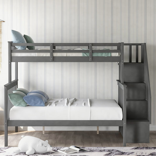 SEGMART Wood Bunk Beds , 76.97'' x 51.57'' Solid Wood Twin-Over-Full Bed, Sturdy Wood Twin-Over-Full Bunk Beds w/ 4 Storage Shelves, 4-Step Ladder, Full-Length Guardrails, 250lbs, SS665