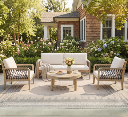 4-Piece Acacia Wood Patio Furniture Set, Outdoor Patio Conversation Set with Coffee Table, Loveseat and 2 Club Chairs, Deep Seating Outdoor Furniture with 4-Inch Cushions for Backyard Porch Balcony