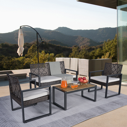 Outdoo Furniture Set, 4 Pieces Wicker Porch Conversation Set w/Cushions, All-weather Hollow Rattan Patio Sectional Sofa Set with Table