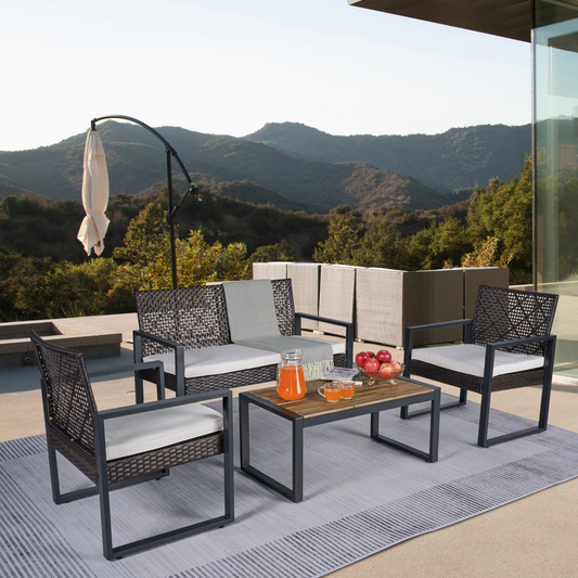 Outdoo Furniture Set, 4 Pieces Wicker Porch Conversation Set w/Cushions, All-weather Hollow Rattan Patio Sectional Sofa Set with Table