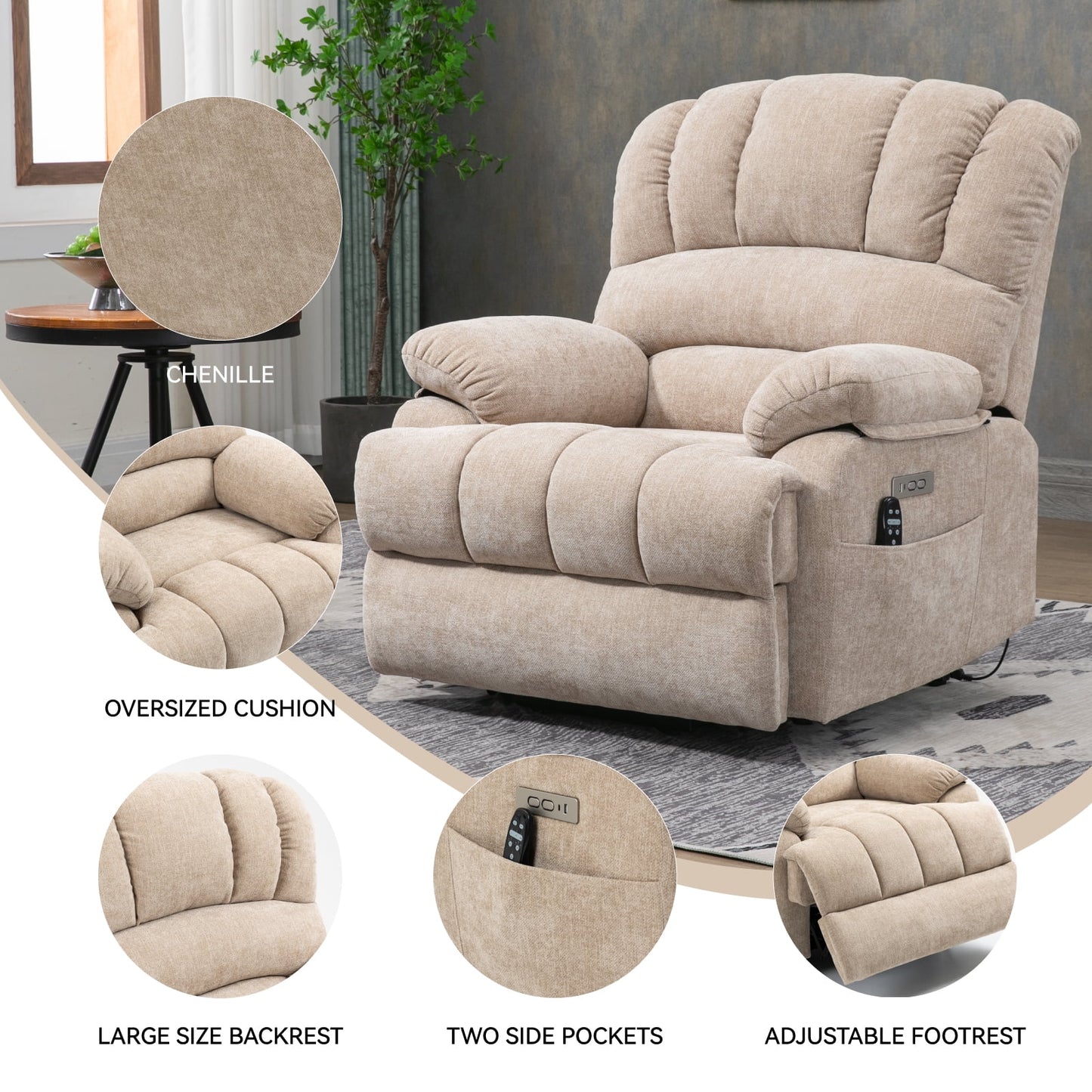 Extra Wide Power Lift Recliner Chair for Elderly, Oversized Chenille Lift Chair with 8-Point Massage & Lumbar Heat, USB Charging Port, Side Pockets, 350 lbs Capacity