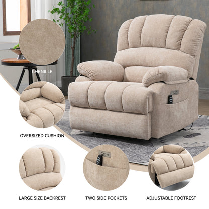 Extra Wide Power Lift Recliner Chair for Elderly, Oversized Chenille Lift Chair with 8-Point Massage & Lumbar Heat, USB Charging Port, Side Pockets, 350 lbs Capacity