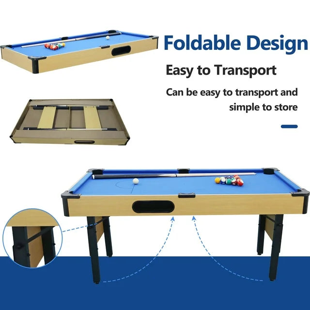 SEGMART 6 Ft Folding Pool Table, Multifunctional Billiard Table, Dining Table, Indoor Game Table, All Accessories Included, Beige with Blue Felt