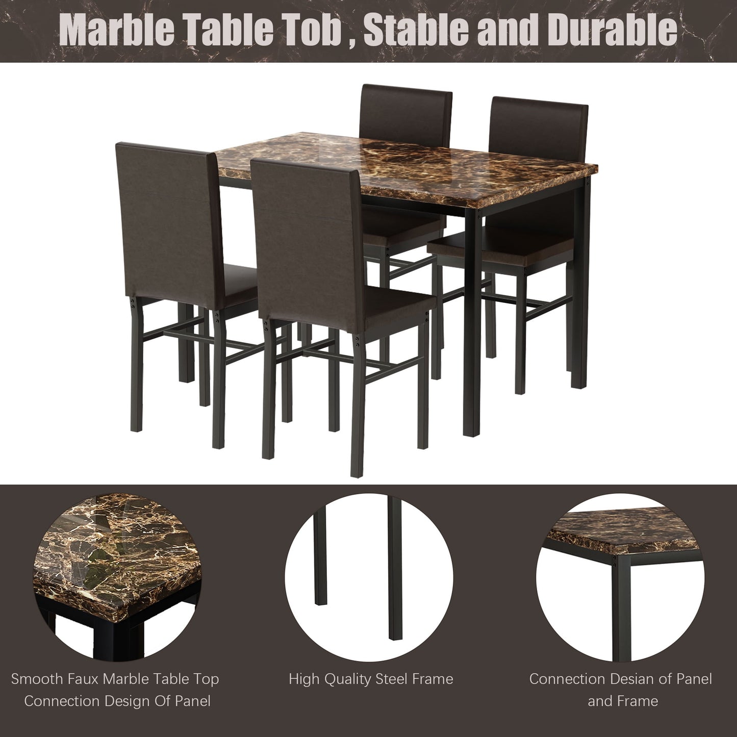 Kitchen Dining Table Set, Metal Kitchen Table Sets with 4 Chairs, Faux Marble Rectangular Breakfast Table w/Metal Legs & Black Finish Frame, Dining Table Sets for an Apartment Breakfast, S12528