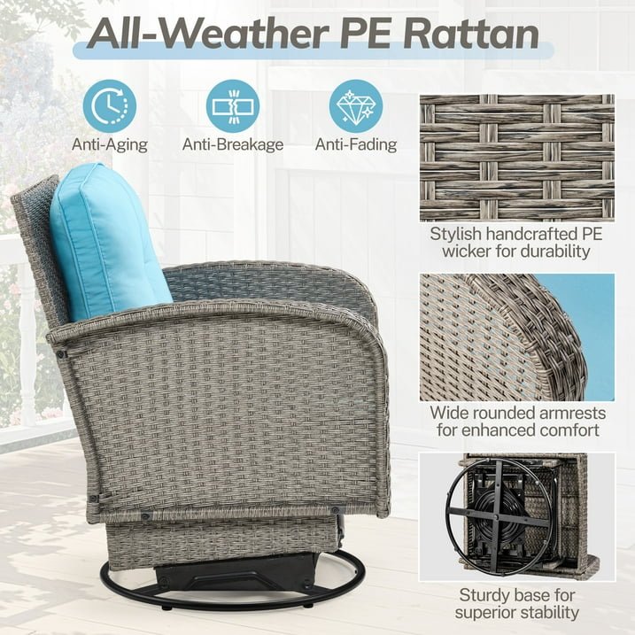 3-Piece Outdoor Swivel Rocker Chairs, 360° Patio Rattan Wicker Swivel Rocking Chair Set with Thickened Cushions and Glass Coffee Table, Max Weight 360 LBS, Light Blue
