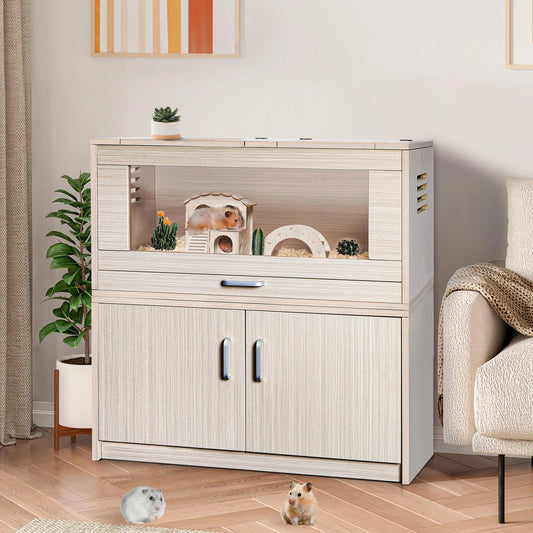 Segmart Hamster Cage Large Size, Deluxe Wooden Storage Cabinet Small Animal Cage for Rat Gerbil Guinea Pig Hamster, Openable Top, Front Door, Storage Shelf, Beige