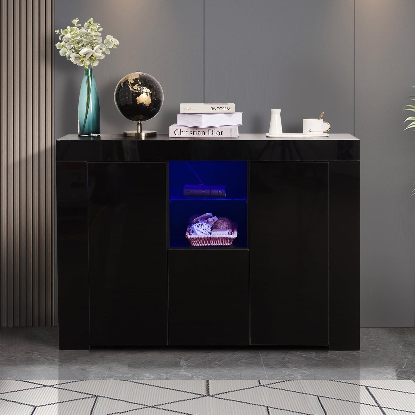 Black Buffet Sidetable Cupboard with 16 Color LED Light, Living Room High Gloss Buffet Storage Cabinet with Large Storage Drawers and 2 Small Cabinet, Open Shelves, Black, S6384