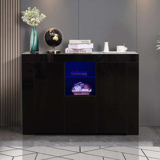 Black Buffet Sidetable Cupboard with 16 Color LED Light, Living Room High Gloss Buffet Storage Cabinet with Large Storage Drawers and 2 Small Cabinet, Open Shelves, Black, S6384