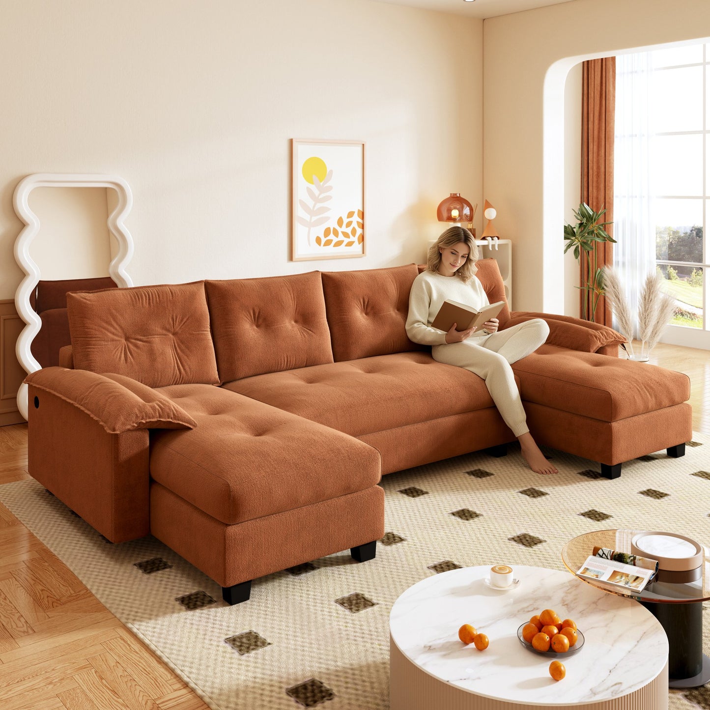 Modern 104.7" U-Shaped Sleeper Sofa, 3-in-1 Convertible Sectional with Pull Out Bed & USB Ports, Beige Chenille