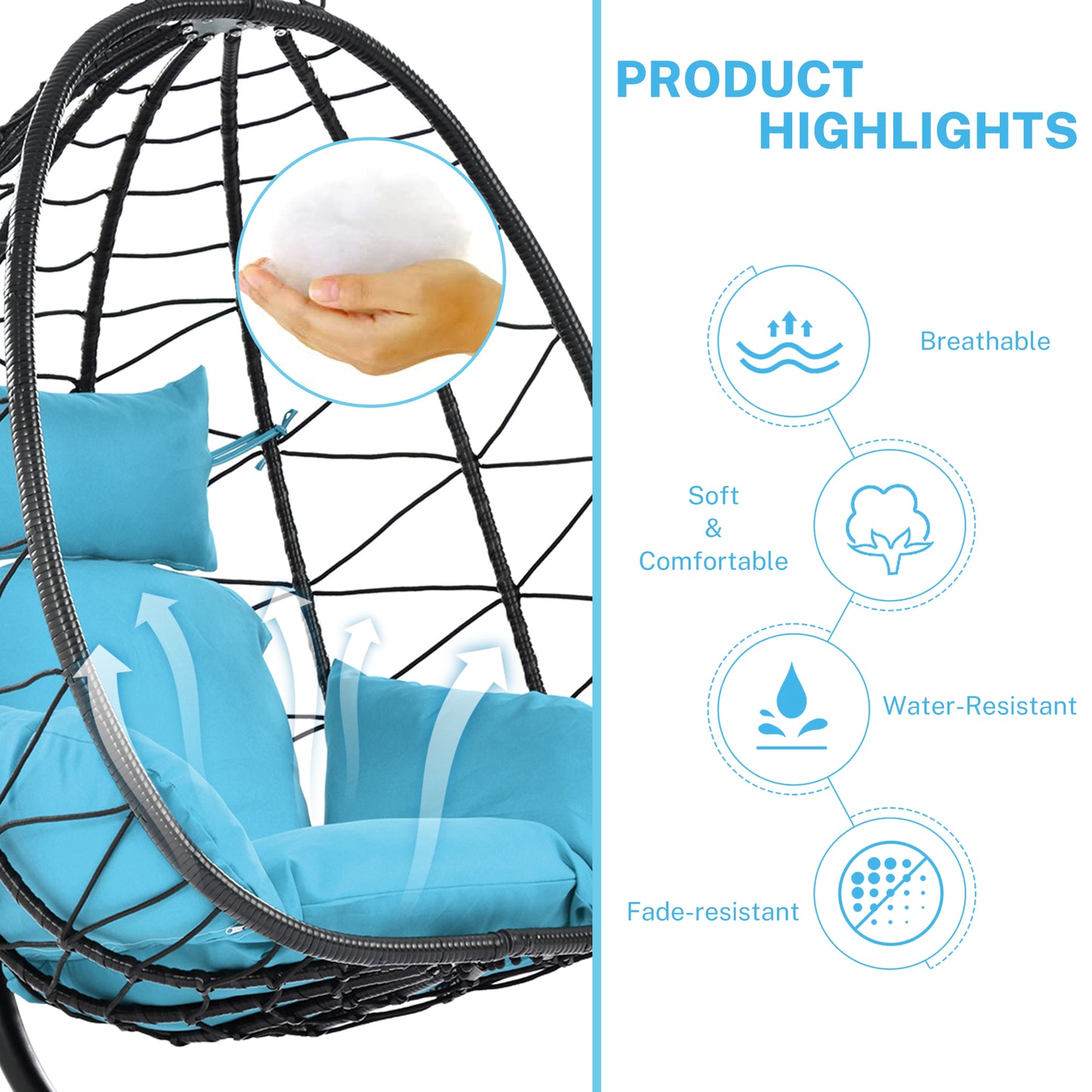 Patio Lounger Egg Chair, Outdoor Hanging Chaise Swing Egg-Shaped Chair w/Hanging Kits, Durable All-Weather UV Wicker Patio Rattan Lounge Chair for Bedroom, Patio, Deck, Yard, Garden, 350lbs, SS1978