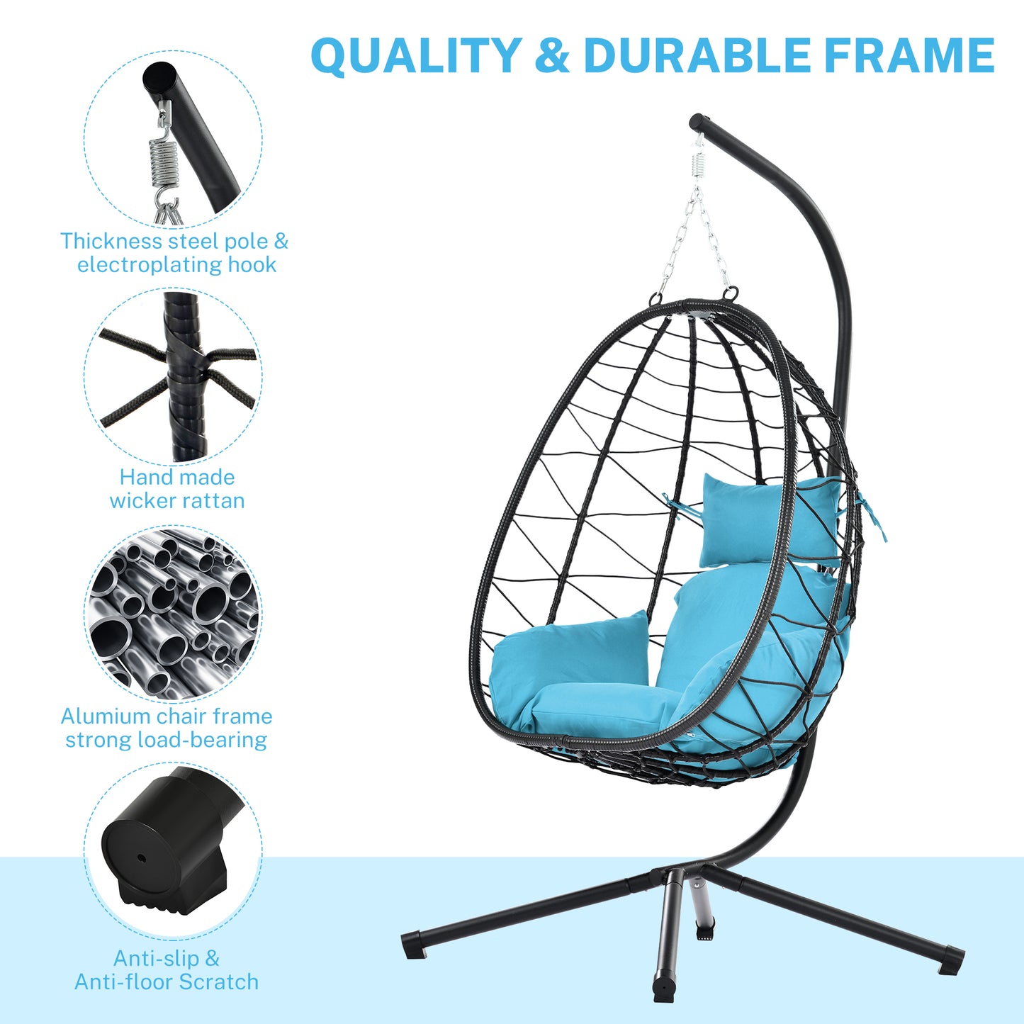 Patio Lounger Egg Chair, Outdoor Hanging Chaise Swing Egg-Shaped Chair w/Hanging Kits, Durable All-Weather UV Wicker Patio Rattan Lounge Chair for Bedroom, Patio, Deck, Yard, Garden, 350lbs, SS1978