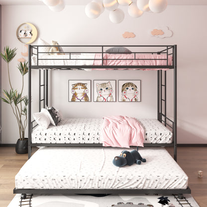 Twin Over Twin Bunk Bed with Trundle, Metal Space-Saving Design For Young Teens and Adults, Easy Assembly