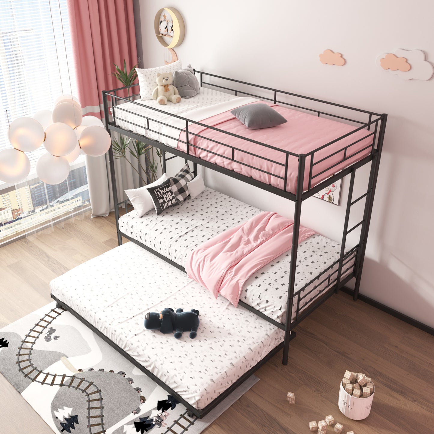 Twin Over Twin Bunk Bed with Trundle, Metal Space-Saving Design For Young Teens and Adults, Easy Assembly