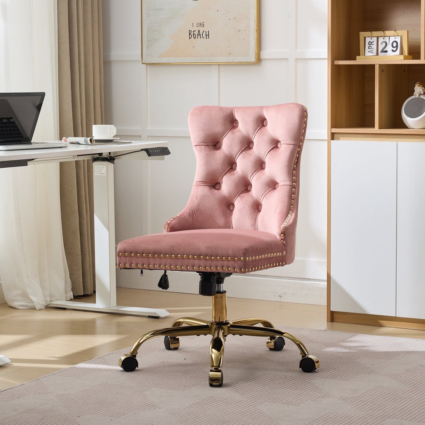 Furniture Modern Velvet Office Chair with Golden Metal Base,Tufted Button Back, Adjustable Swivel Desk Chair for Home Office, Study