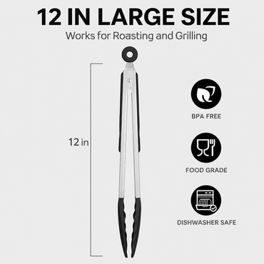 Kitchen Tong for Cooking, 12 Inch Silicone Cooking Tong with 600°F Heat Resistant Non-Scratch Tips, Heavy Duty Stainless Steel Locking Food Tong for BBQ, Grilling, Steak, Salad, Pasta, Black