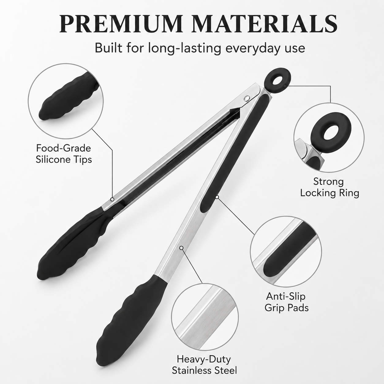 Kitchen Tong for Cooking, 12 Inch Silicone Cooking Tong with 600°F Heat Resistant Non-Scratch Tips, Heavy Duty Stainless Steel Locking Food Tong for BBQ, Grilling, Steak, Salad, Pasta, Black