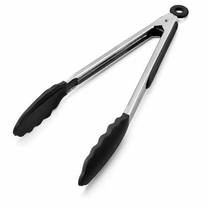 Kitchen Tong for Cooking, 12 Inch Silicone Cooking Tong with 600°F Heat Resistant Non-Scratch Tips, Heavy Duty Stainless Steel Locking Food Tong for BBQ, Grilling, Steak, Salad, Pasta, Black