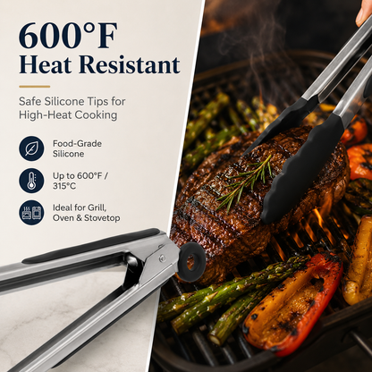 Kitchen Tong for Cooking, 12 Inch Silicone Cooking Tong with 600°F Heat Resistant Non-Scratch Tips, Heavy Duty Stainless Steel Locking Food Tong for BBQ, Grilling, Steak, Salad, Pasta, Black
