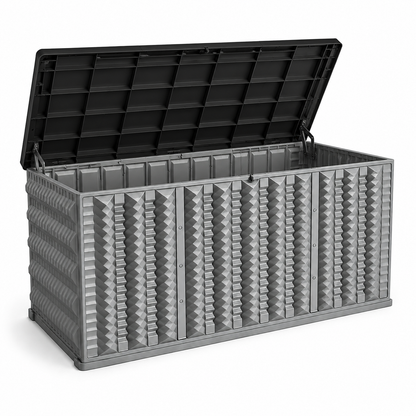130 Gallon Resin Deck Box, Outdoor Lockable Storage Container for Patio Cushions, Garden Tools, Pool Supplies, Toys, Water Resistant and UV Resistant, Reinforced Rib Design, Gray
