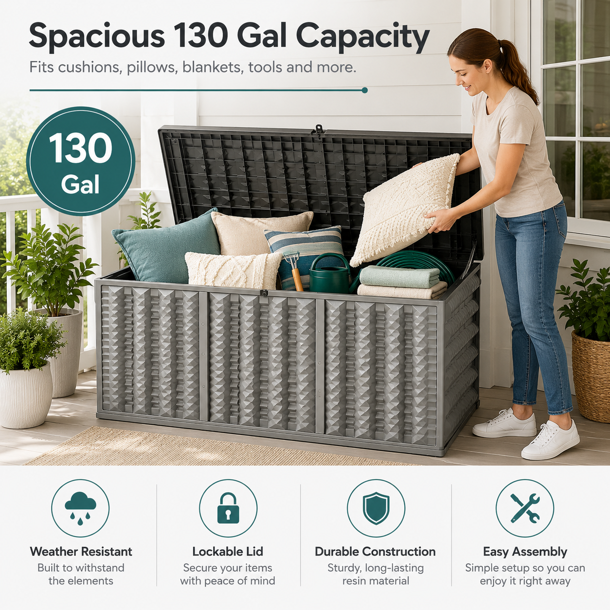 130 Gallon Resin Deck Box, Outdoor Lockable Storage Container for Patio Cushions, Garden Tools, Pool Supplies, Toys, Water Resistant and UV Resistant, Reinforced Rib Design, Gray