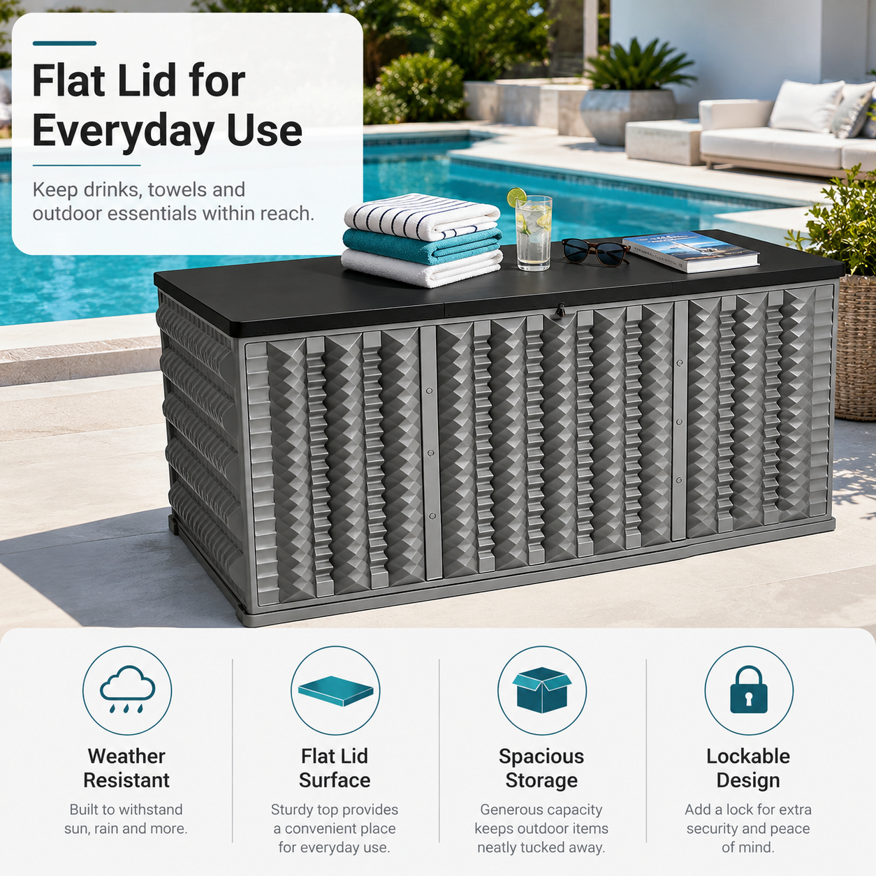 130 Gallon Resin Deck Box, Outdoor Lockable Storage Container for Patio Cushions, Garden Tools, Pool Supplies, Toys, Water Resistant and UV Resistant, Reinforced Rib Design, Gray
