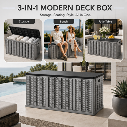 130 Gallon Resin Deck Box, Outdoor Lockable Storage Container for Patio Cushions, Garden Tools, Pool Supplies, Toys, Water Resistant and UV Resistant, Reinforced Rib Design, Gray