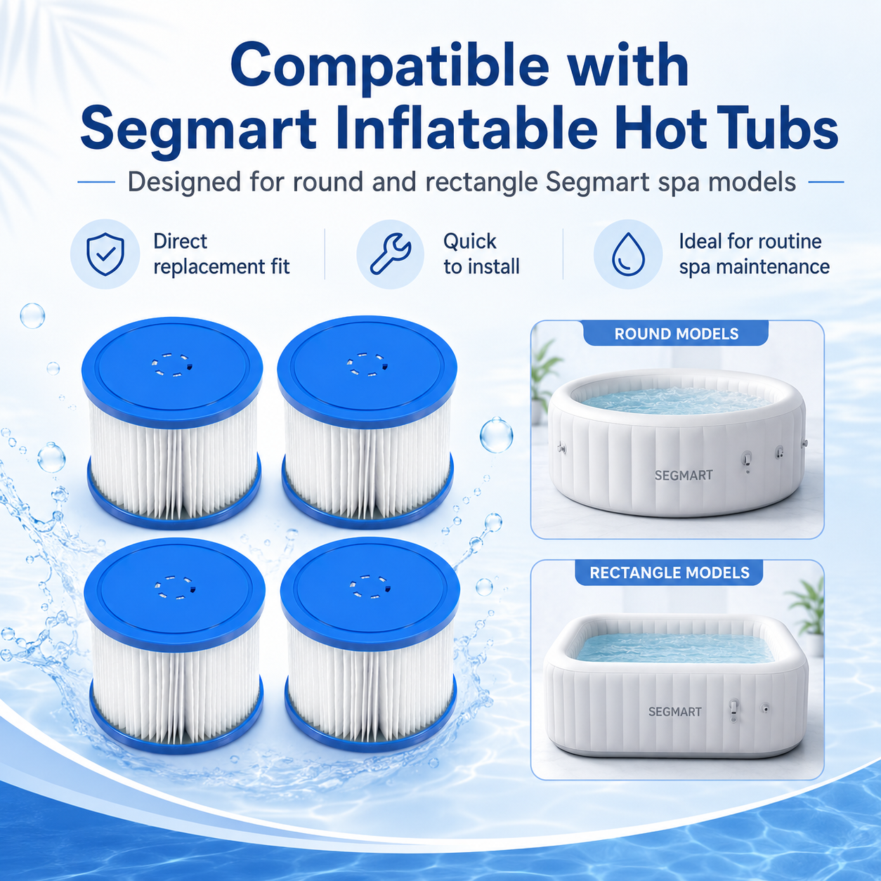 Segmart Hot Tub Filter Cartridge, 4 Pack Replacement Spa Filters Compatible with All Segmart Built-in Pump Inflatable Hot Tubs, Easy-Clean Pool Filter Cartridges for Cleaner Spa Water