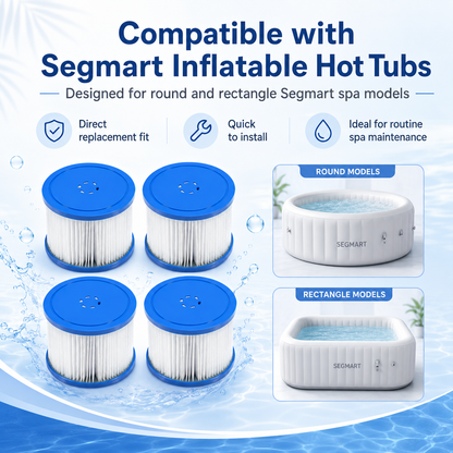 Segmart Hot Tub Filter Cartridge, 4 Pack Replacement Spa Filters Compatible with All Segmart Built-in Pump Inflatable Hot Tubs, Easy-Clean Pool Filter Cartridges for Cleaner Spa Water