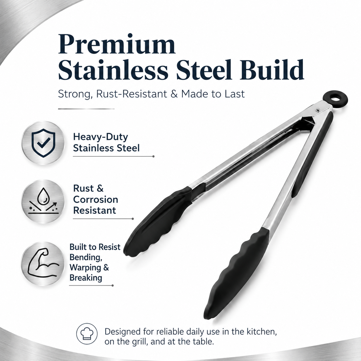 Kitchen Tong for Cooking, 12 Inch Silicone Cooking Tong with 600°F Heat Resistant Non-Scratch Tips, Heavy Duty Stainless Steel Locking Food Tong for BBQ, Grilling, Steak, Salad, Pasta, Black