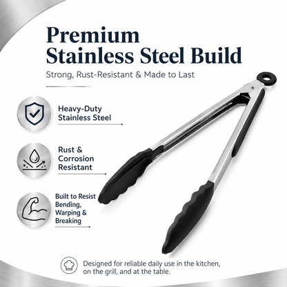 Kitchen Tong for Cooking, 12 Inch Silicone Cooking Tong with 600°F Heat Resistant Non-Scratch Tips, Heavy Duty Stainless Steel Locking Food Tong for BBQ, Grilling, Steak, Salad, Pasta, Black