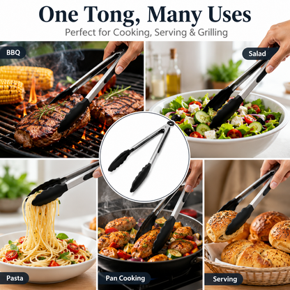 Kitchen Tong for Cooking, 12 Inch Silicone Cooking Tong with 600°F Heat Resistant Non-Scratch Tips, Heavy Duty Stainless Steel Locking Food Tong for BBQ, Grilling, Steak, Salad, Pasta, Black