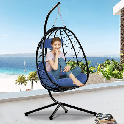 Clearance! Hanging Wicker Egg Chair, Outdoor Patio Hanging Chairs with Stand, UV Resistant Hammock Chair with Comfortable Red Cushion, Durable Indoor Swing Egg Chair for Garden, Backyard, L3952