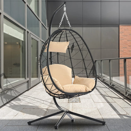 Clearance! Hanging Wicker Egg Chair, Outdoor Patio Hanging Chairs with Stand, UV Resistant Hammock Chair with Comfortable Red Cushion, Durable Indoor Swing Egg Chair for Garden, Backyard, L3952