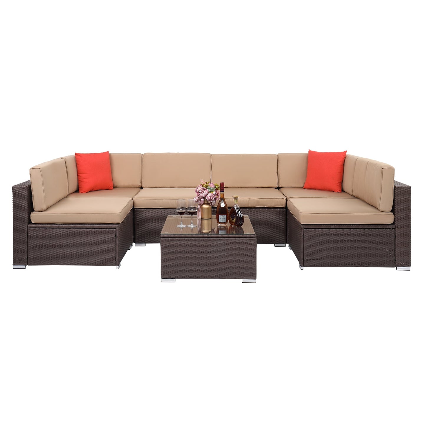 Clearance Patio Dining Set Seats 7-Piece, SEGMART Wicker Conversation Sofa Sets for Patio & Garden w/2 Corner Sofa, Tempered Glass Table, 4 Single Sofa, 12 Padded Cushions, 2 Pillows, White, S7169